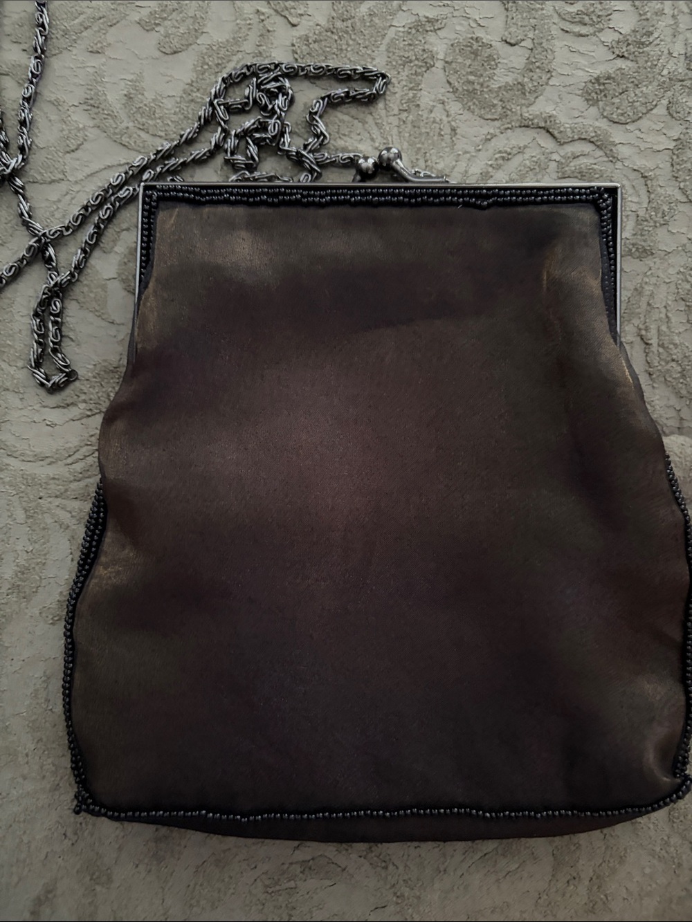 Vintage-Inspired Brown Beaded Sateen Evening Bag with Long Chain Strap - Picture 5 of 7
